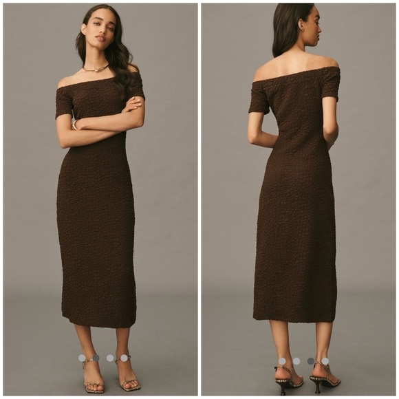 Anthropologie English Factory Chocolate Brown Off-Shoulder Midi Dress - Picture 2 of 3